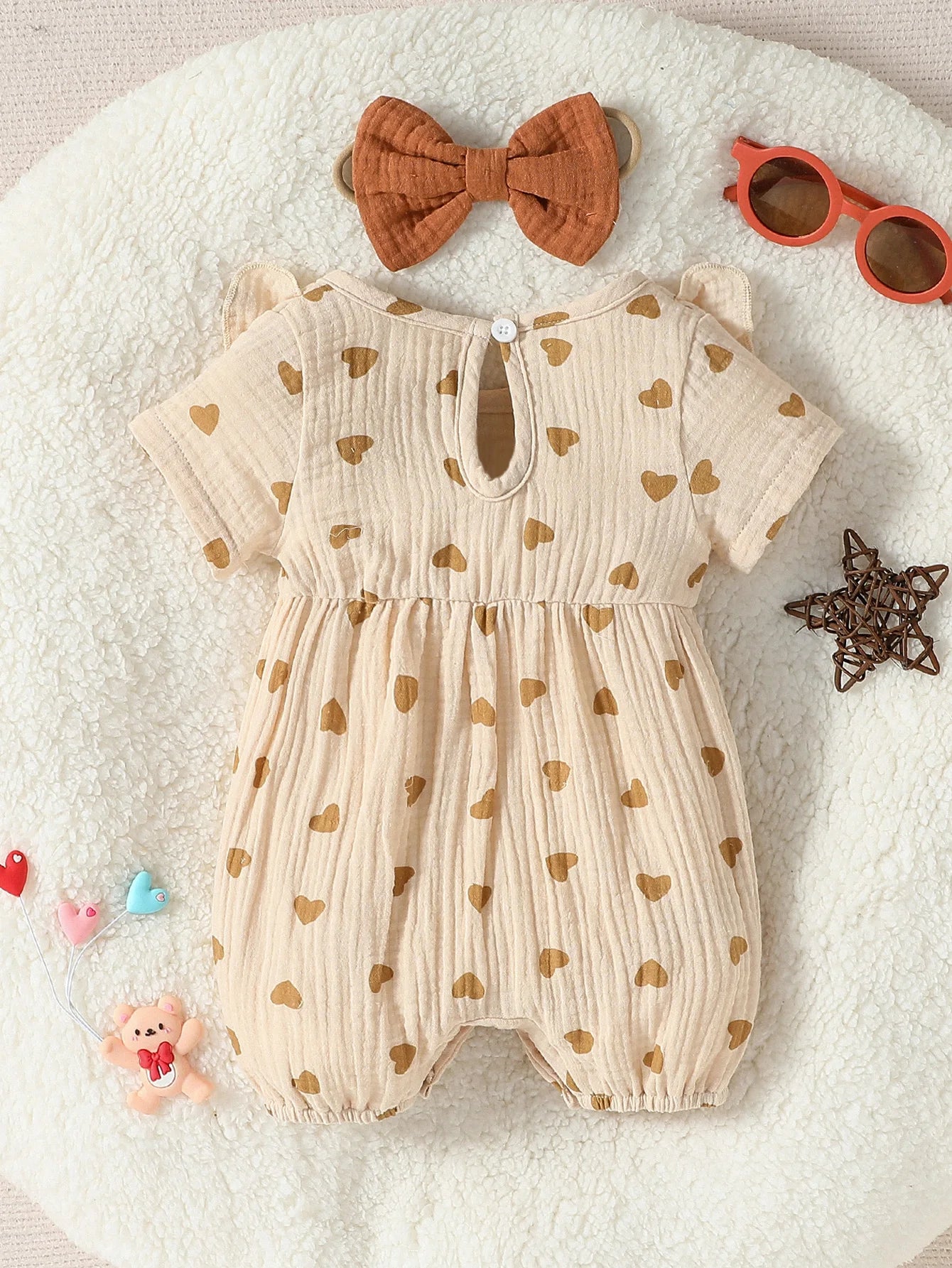Baby Girl Heart Print Romper Set – Bow & Headband (0–9M)