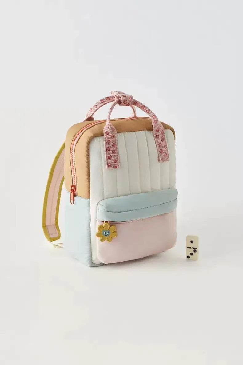 Cute Kids' Backpack with Sunflower Pendant – Colour-Block Design
