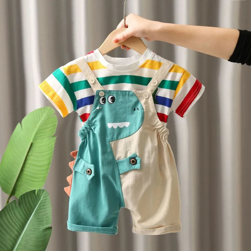 Summer Baby Boys Solid Color Short Sleeve Tracksuits Rainbow Striped Thin Tees Suits Dinosaur Strappy Shorts Little Girl Outfits