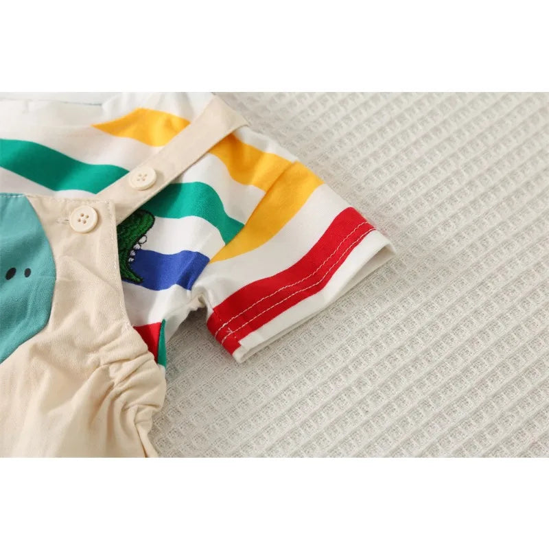 Summer Baby Boys Solid Color Short Sleeve Tracksuits Rainbow Striped Thin Tees Suits Dinosaur Strappy Shorts Little Girl Outfits