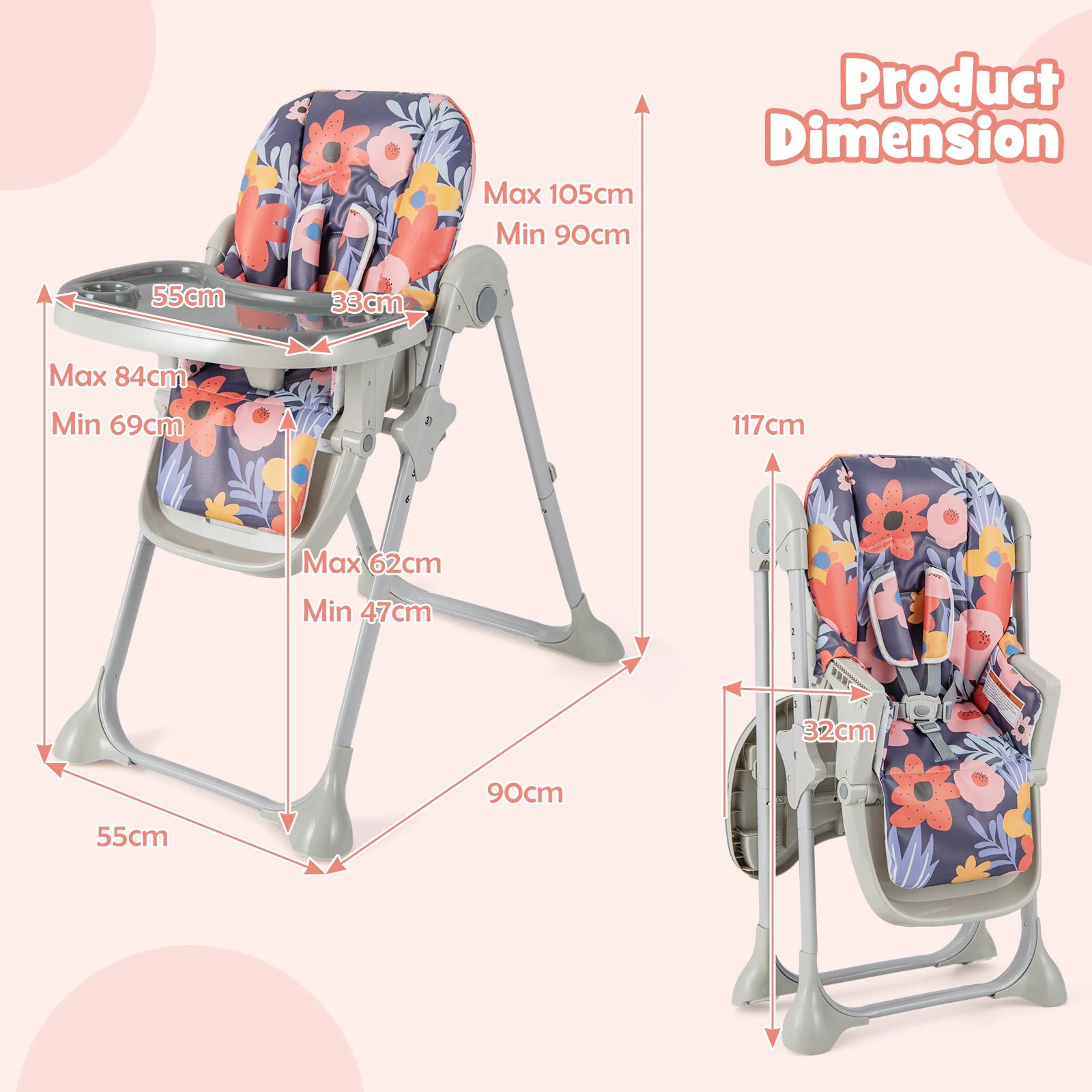 GOFLAME Folding Baby Highchair with Recline & Tray