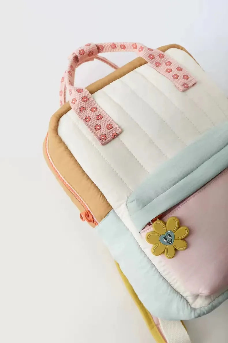 Cute Kids' Backpack with Sunflower Pendant – Colour-Block Design