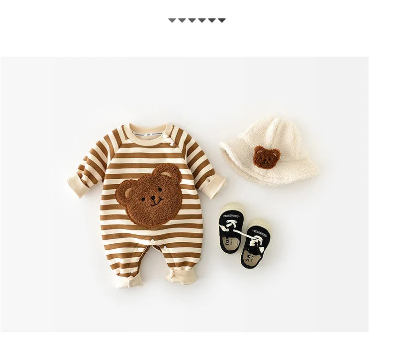 MILANCEL Thicken Lining Boys Baby Rompers Striped Cartoon Girls Jumpsuits Bear Outfit