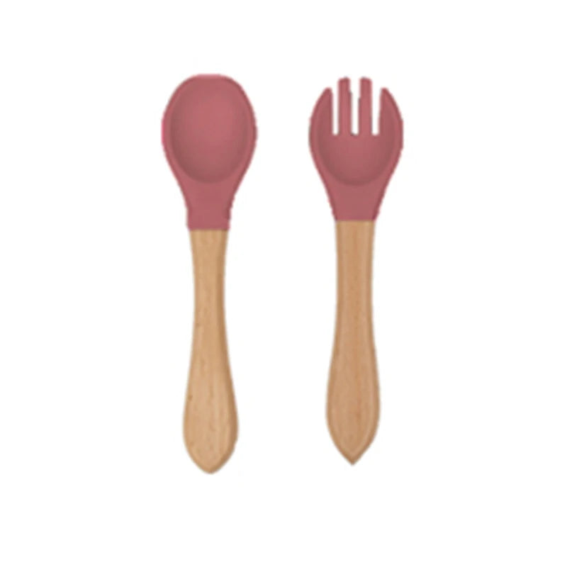 2Pcs Children's Wooden Handle Silicone Fork Spoon Soft and Resistant To Falling Baby Feeding Spoon Set Auxiliary Food Fork Spoon