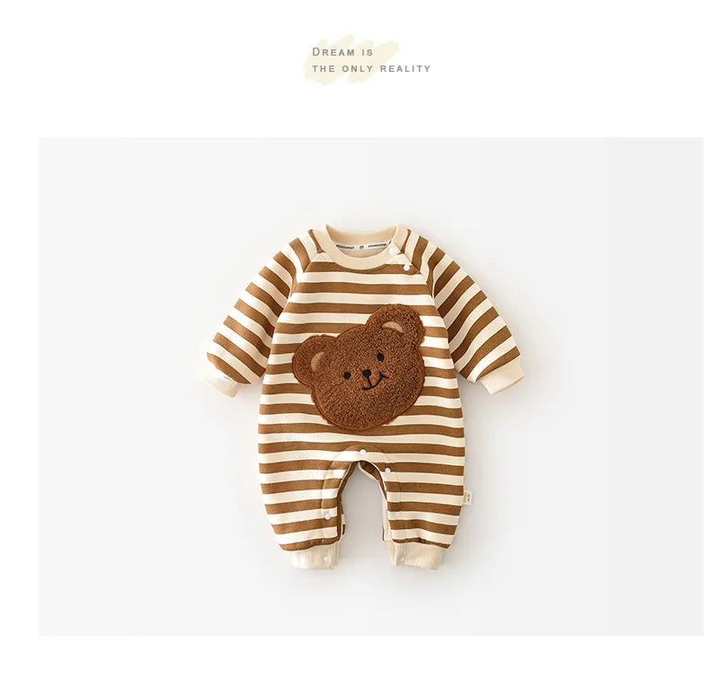 MILANCEL Thicken Lining Boys Baby Rompers Striped Cartoon Girls Jumpsuits Bear Outfit