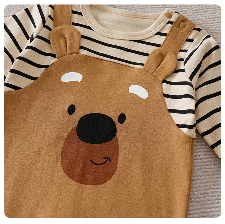 0-18Months Boys and Girls Baby Spring and Autumn Long-Sleeve Romper Fake Suspenders Beige Bear Stripes 100% Cotton baby clothes