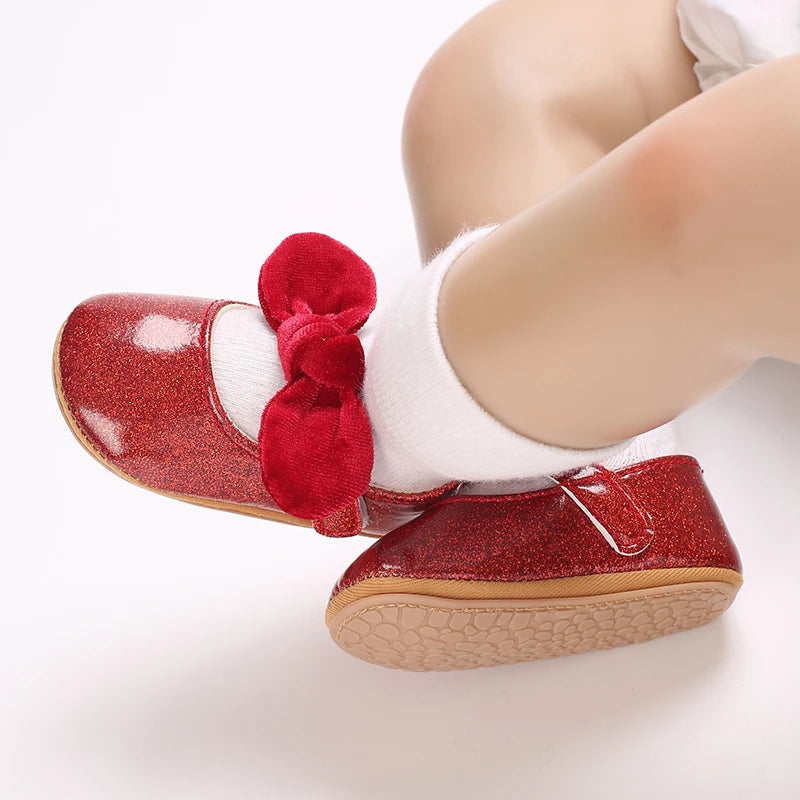 Red Bow Princess Baby Shoes – Anti-Slip Walking (Spring/Autumn)