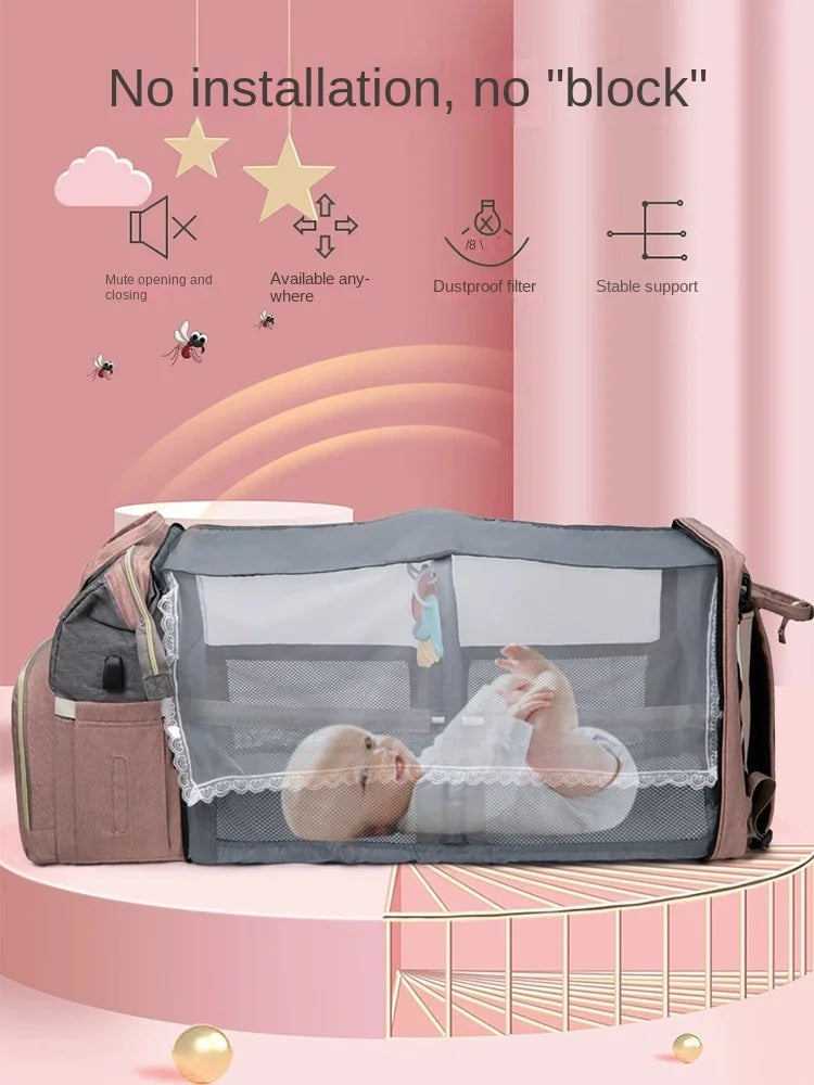Foldable Mommy Backpack with Crib Bed & Large Storage