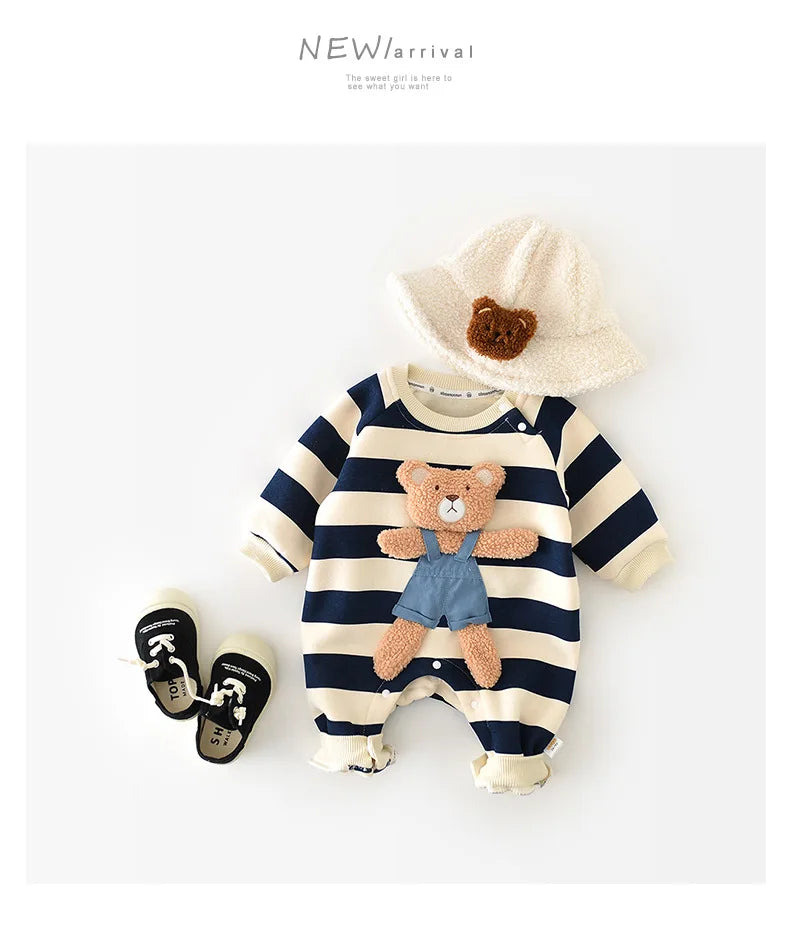 MILANCEL Thicken Lining Boys Baby Rompers Striped Cartoon Girls Jumpsuits Bear Outfit