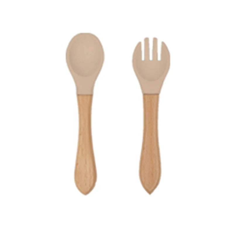 2Pcs Children's Wooden Handle Silicone Fork Spoon Soft and Resistant To Falling Baby Feeding Spoon Set Auxiliary Food Fork Spoon