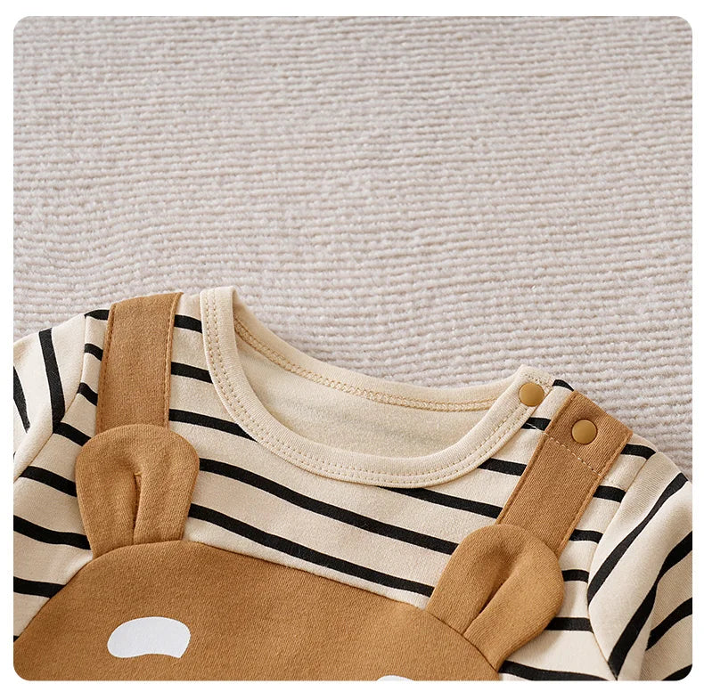 0-18Months Boys and Girls Baby Spring and Autumn Long-Sleeve Romper Fake Suspenders Beige Bear Stripes 100% Cotton baby clothes
