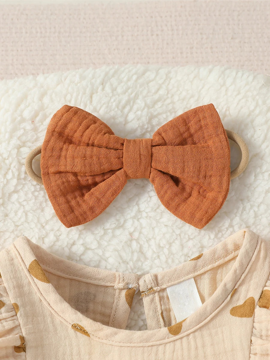 Baby Girl Heart Print Romper Set – Bow & Headband (0–9M)