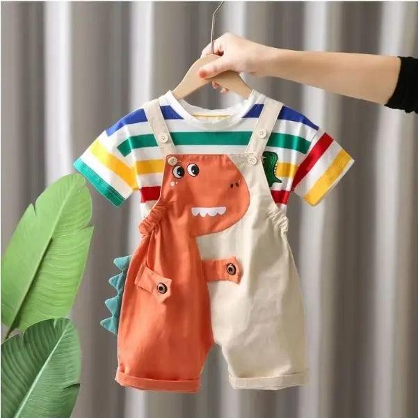 Summer Baby Boys Solid Color Short Sleeve Tracksuits Rainbow Striped Thin Tees Suits Dinosaur Strappy Shorts Little Girl Outfits