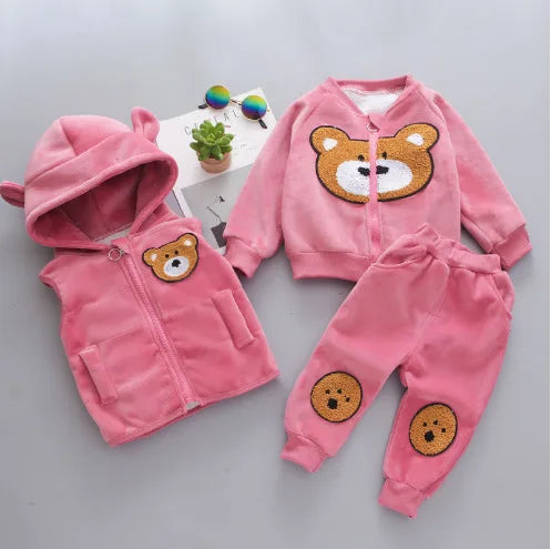 Children's Autumn and Winter Set 2024 Boys and Girls Cartoon Plush Coat+Hooded Vest+Pants Set Baby Warm Three Piece Set 0-4Y