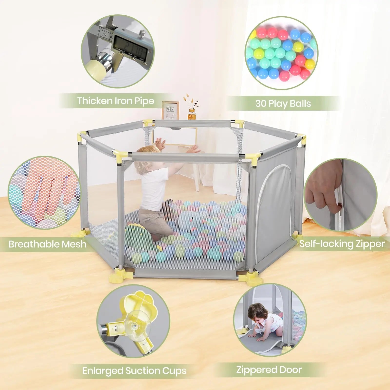 Baby Playpen, 6 Panel Playpen for Baby and Toddlers with Breathable Mesh and 30 Play Balls, Indoor Outdoor Baby Fence
