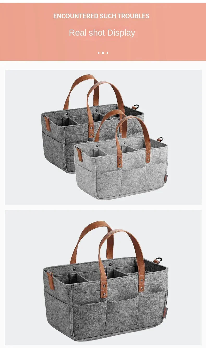 Baby Felt Storage Nursery Organizer Basket Infant Diaper Bag with Handle Caddy Changing Nappy Kids Storage Carrier Large Pocket