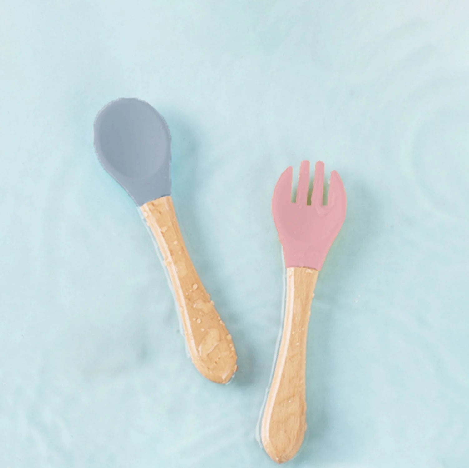 2Pcs Children's Wooden Handle Silicone Fork Spoon Soft and Resistant To Falling Baby Feeding Spoon Set Auxiliary Food Fork Spoon