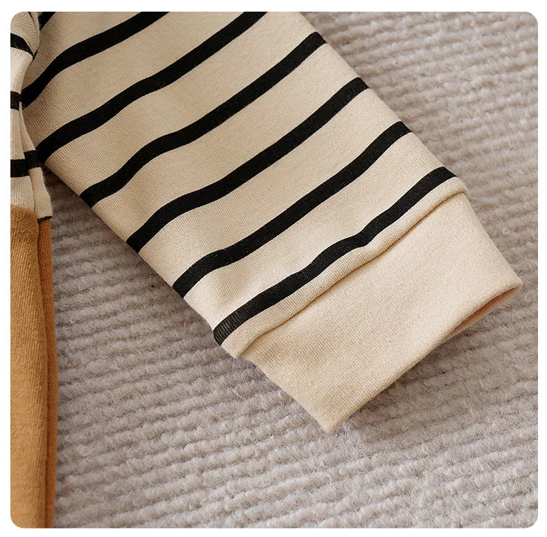 0-18Months Boys and Girls Baby Spring and Autumn Long-Sleeve Romper Fake Suspenders Beige Bear Stripes 100% Cotton baby clothes