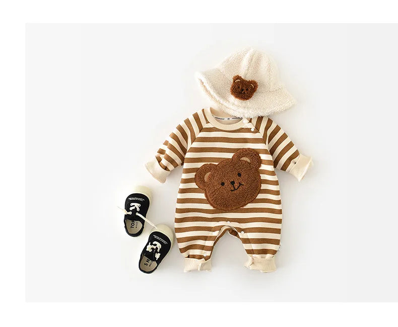 MILANCEL Thicken Lining Boys Baby Rompers Striped Cartoon Girls Jumpsuits Bear Outfit