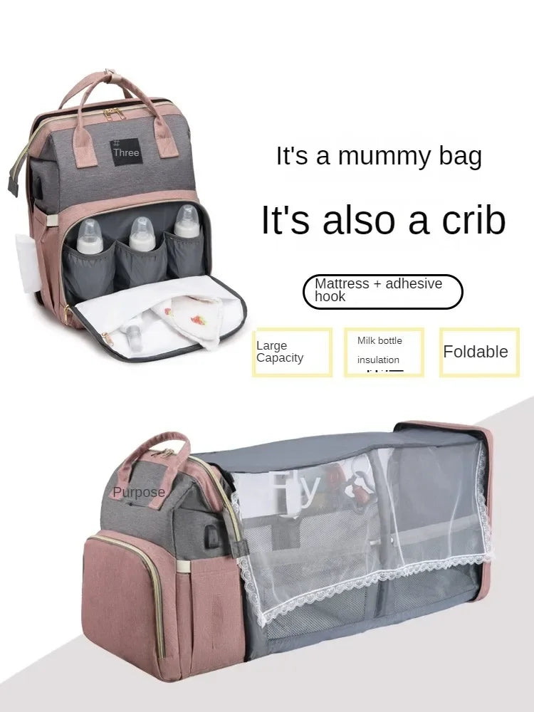 Foldable Mommy Backpack with Crib Bed & Large Storage
