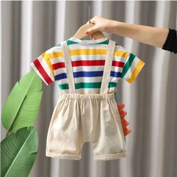 Summer Baby Boys Solid Color Short Sleeve Tracksuits Rainbow Striped Thin Tees Suits Dinosaur Strappy Shorts Little Girl Outfits