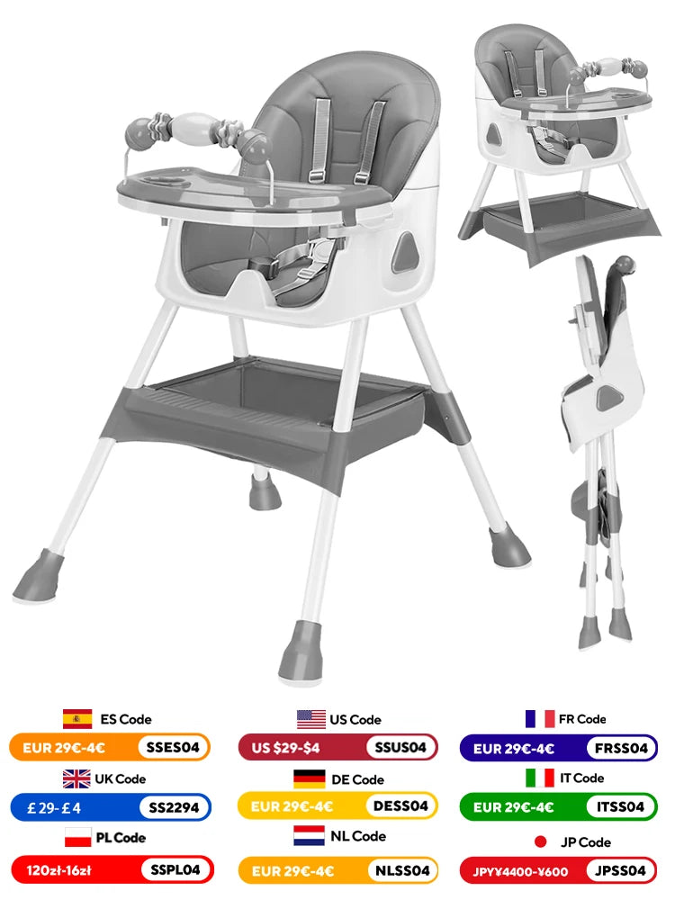 3-in-1 Foldable Baby High Chair with Double Tray