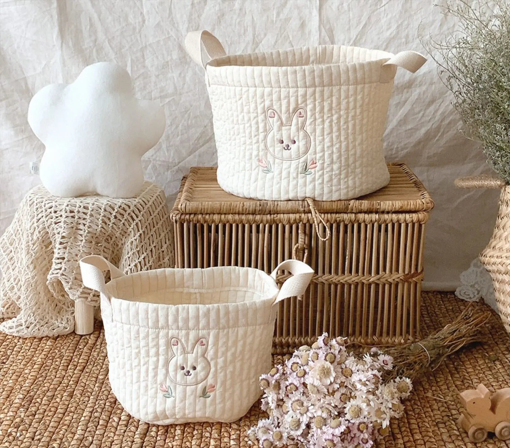 Quilted Embroidered Baby Diaper Storage Bucket Bag