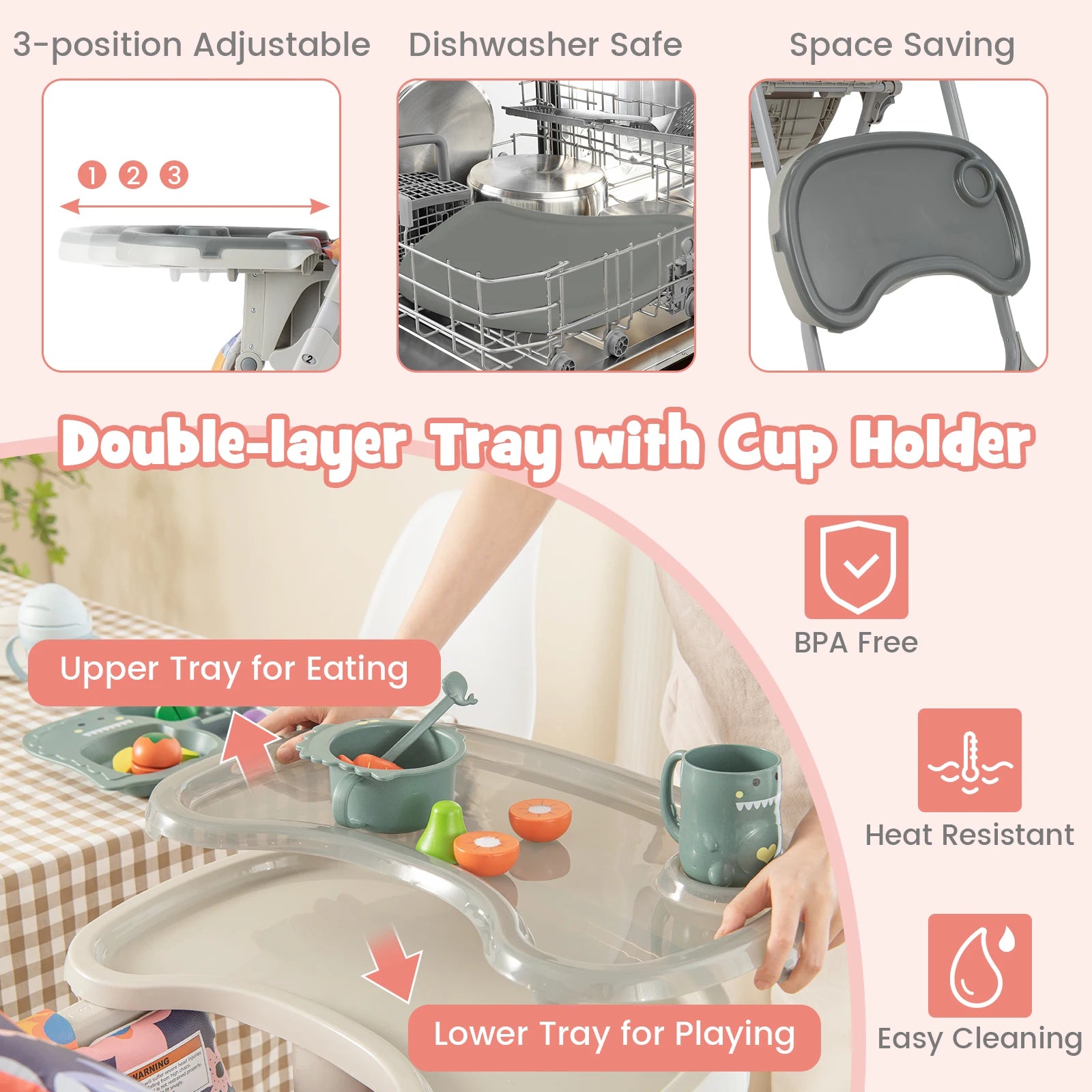 GOFLAME Folding Baby Highchair with Recline & Tray