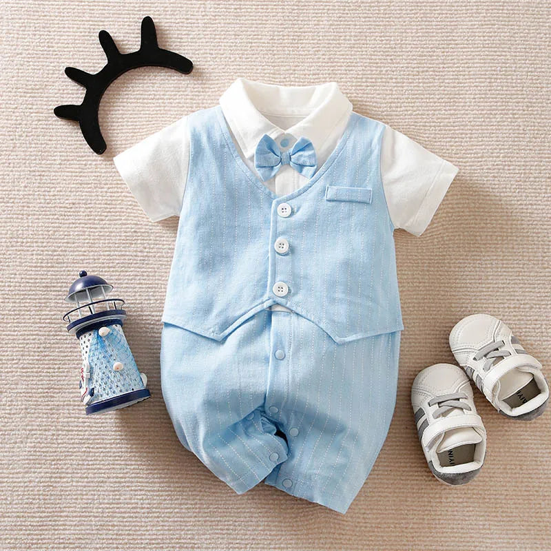 100% Cotton Short Sleeve 0-18 months Gentleman Tie Outfit Handsome Jumpsuit Baby Boys Suits Cotton Onesie Newborn Toddler Trendy