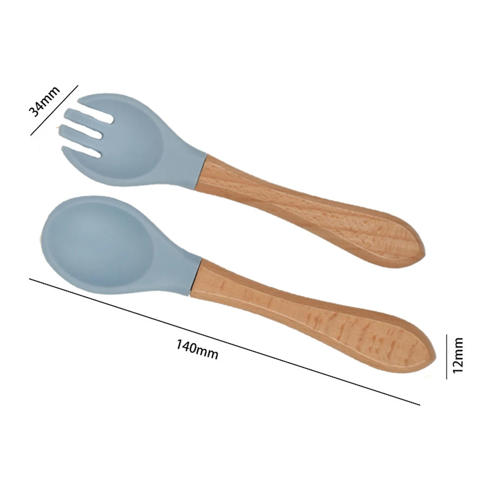 2Pcs Children's Wooden Handle Silicone Fork Spoon Soft and Resistant To Falling Baby Feeding Spoon Set Auxiliary Food Fork Spoon