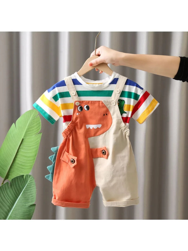 Summer Baby Boys Solid Color Short Sleeve Tracksuits Rainbow Striped Thin Tees Suits Dinosaur Strappy Shorts Little Girl Outfits