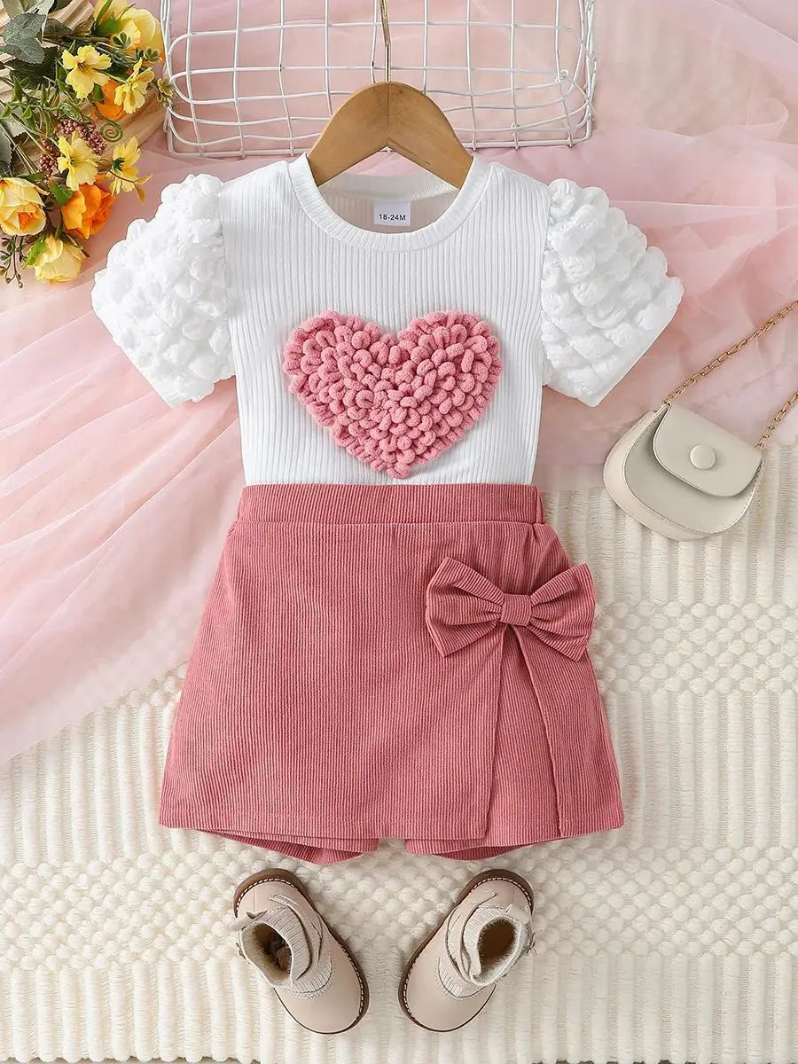 Toddler Girl Summer Fashion Casual Clothes Top With Heart Puff Sleeve &Pink Short Pant With Bow Active Clothing Set For 1-6Y