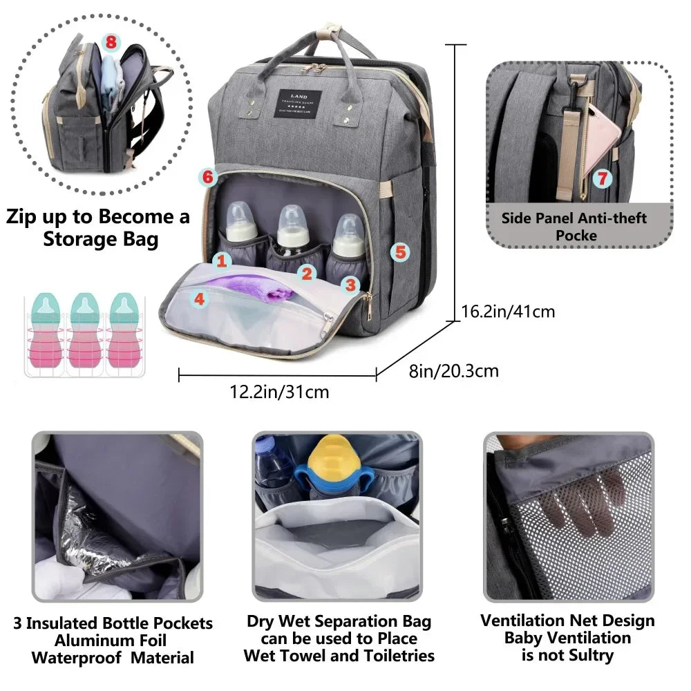 Foldable Mommy Backpack with Crib Bed & Large Storage
