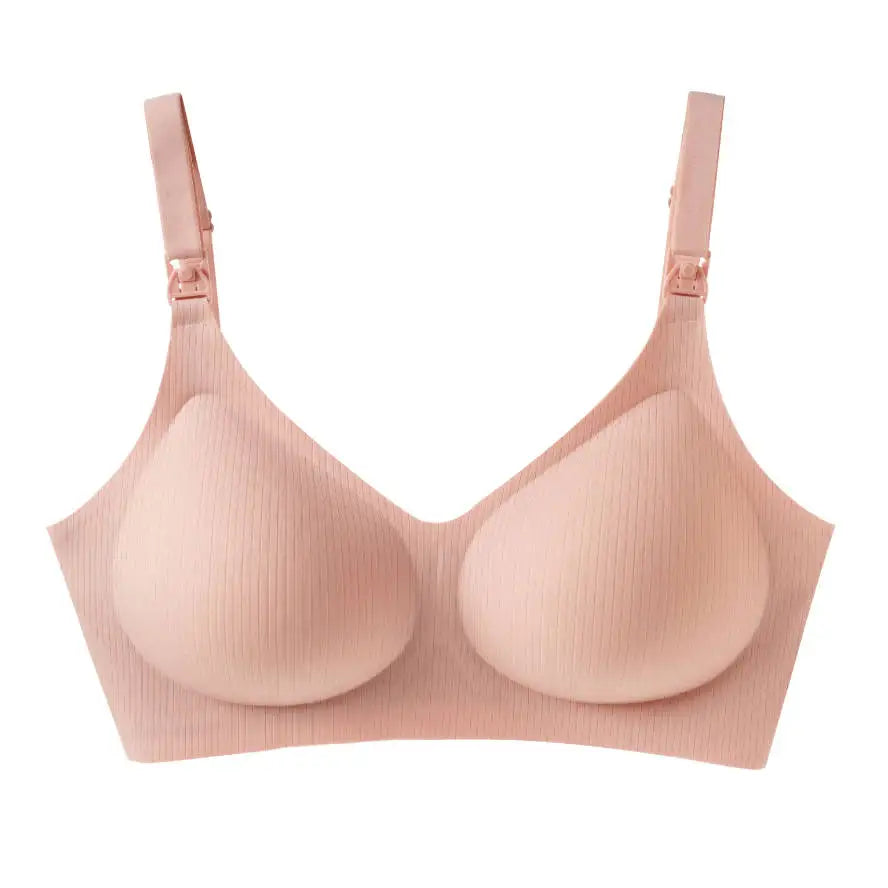 New Women'S Maternity Bra With Front Opening Solid Color Seamless Comfort Stripes V-Neck Jelly Style Nursing Bra