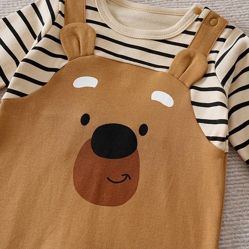 0-18Months Boys and Girls Baby Spring and Autumn Long-Sleeve Romper Fake Suspenders Beige Bear Stripes 100% Cotton baby clothes