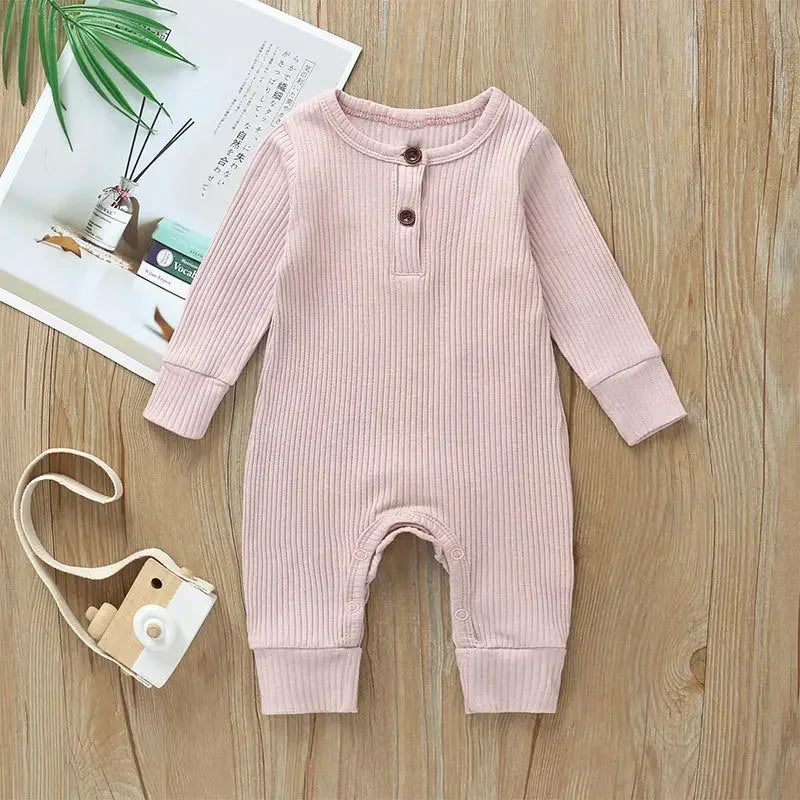 Ribbed Cotton Baby Romper – Long Sleeve Jumpsuit (0–12M)