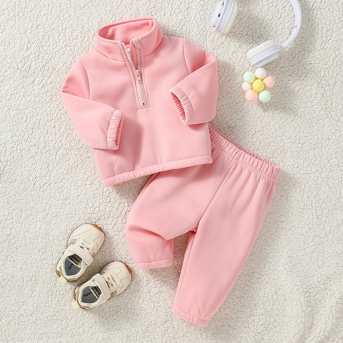 Baby Girl Fall Winter Clothes Solid Color 2 Piece Set Fleece  Set Fur Sweasthirt Turtleneck &Pants  Sportswear For 1-3Y
