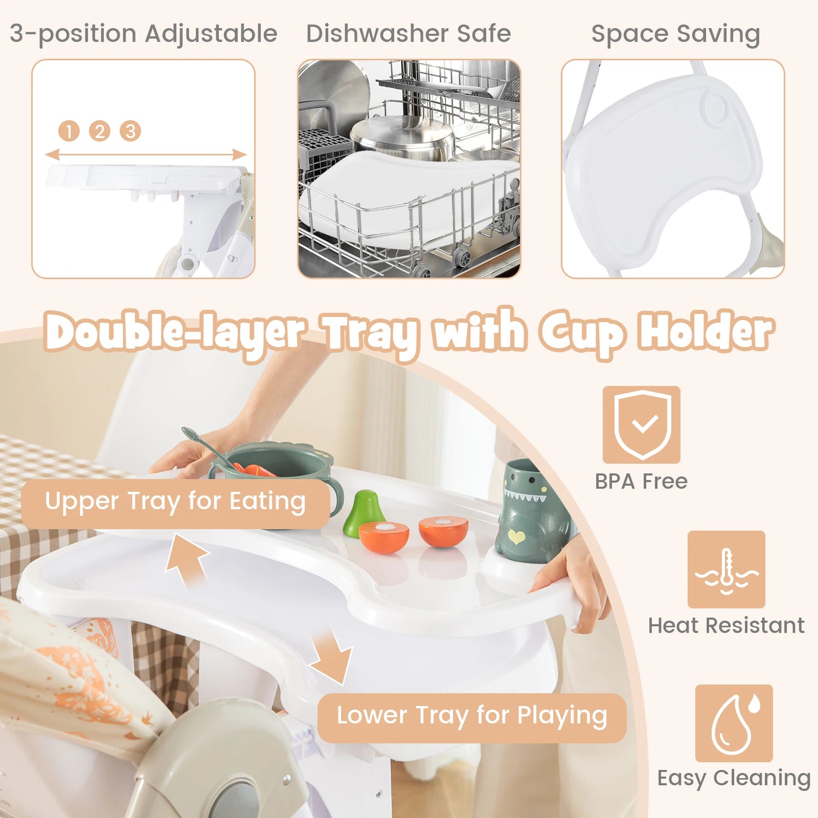 GOFLAME Folding Baby Highchair with Recline, Tray & Footrest