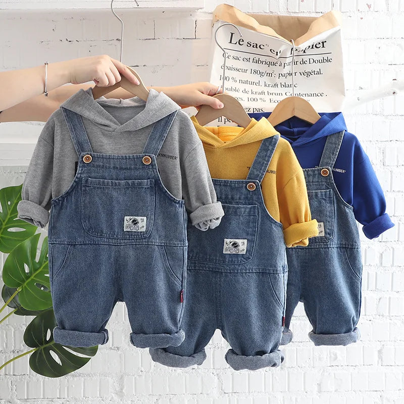 OLEKID 2025 Spring Autumn Korean Style Children Boys 2PCS Clothes Set Printed Letter Hoodie Denim Overalls Infant Baby Boys Suit