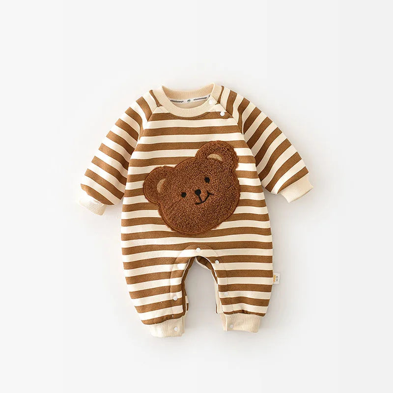 MILANCEL Thicken Lining Boys Baby Rompers Striped Cartoon Girls Jumpsuits Bear Outfit