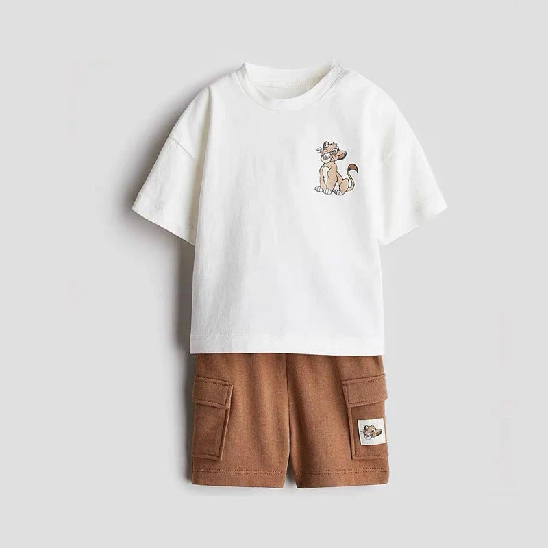 Summer Short Sleeve Shorts 2PCS Cartoon T Shirt Brown Shorts Kids Trendy Costume Baby Casual Suit Boys New Simple Crewneck Tees