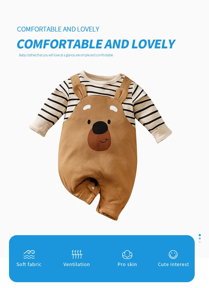0-18Months Boys and Girls Baby Spring and Autumn Long-Sleeve Romper Fake Suspenders Beige Bear Stripes 100% Cotton baby clothes