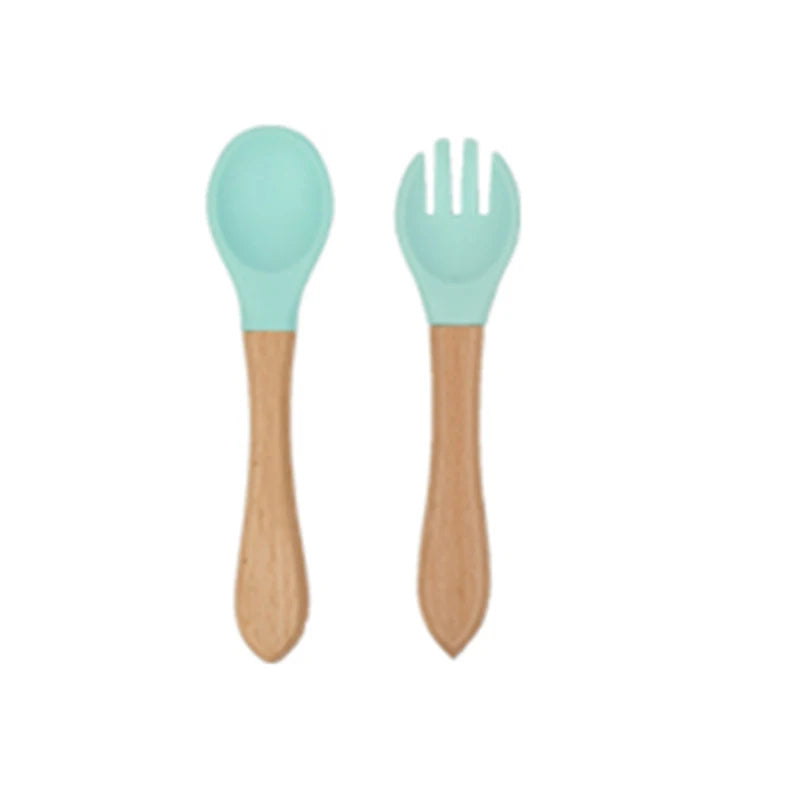 2Pcs Children's Wooden Handle Silicone Fork Spoon Soft and Resistant To Falling Baby Feeding Spoon Set Auxiliary Food Fork Spoon