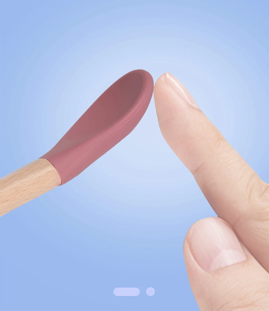 2Pcs Children's Wooden Handle Silicone Fork Spoon Soft and Resistant To Falling Baby Feeding Spoon Set Auxiliary Food Fork Spoon