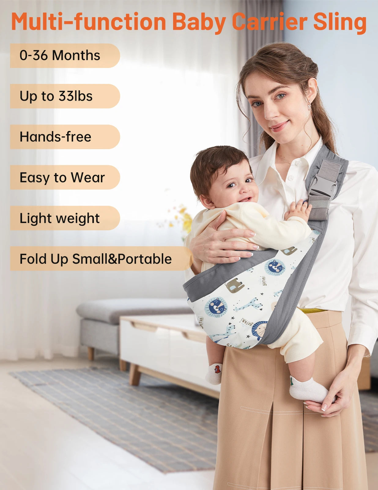 Baby Sling, Adjustable Baby Sling Carrier with Thick Shoulder Straps for Newborn, Infant, Toddler, 0-36 Months (Cartoon)