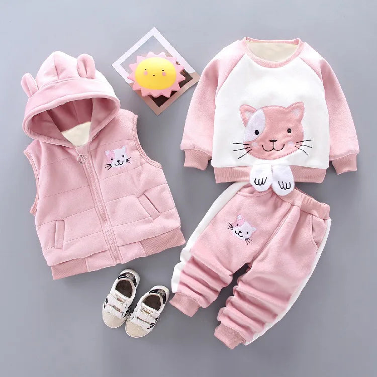 Children's Autumn and Winter Set 2024 Boys and Girls Cartoon Plush Coat+Hooded Vest+Pants Set Baby Warm Three Piece Set 0-4Y