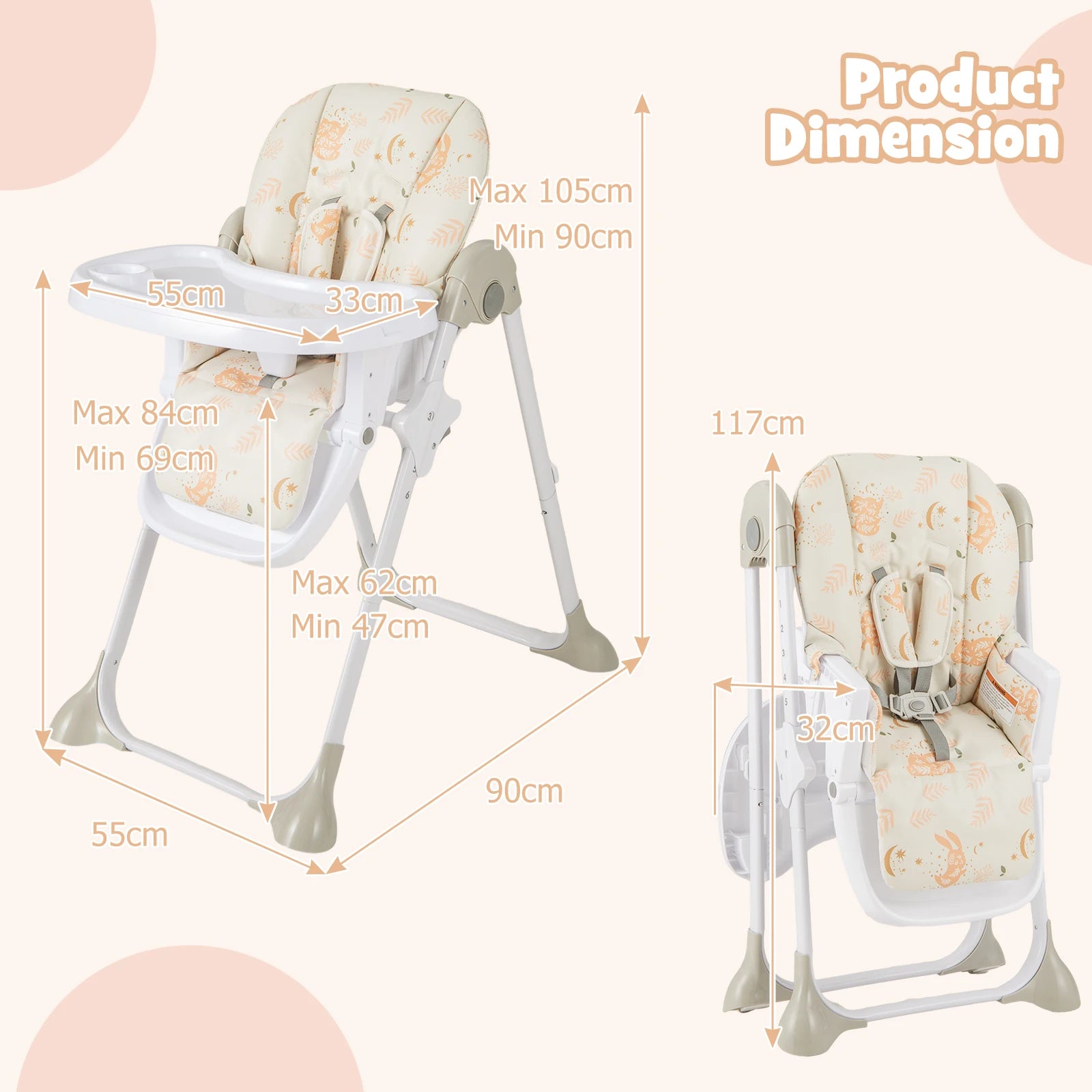GOFLAME Folding Baby Highchair with Recline, Tray & Footrest