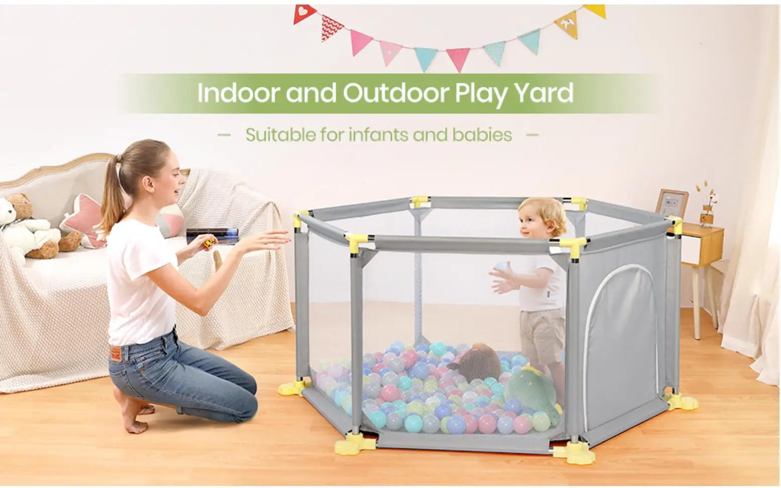 Baby Playpen, 6 Panel Playpen for Baby and Toddlers with Breathable Mesh and 30 Play Balls, Indoor Outdoor Baby Fence