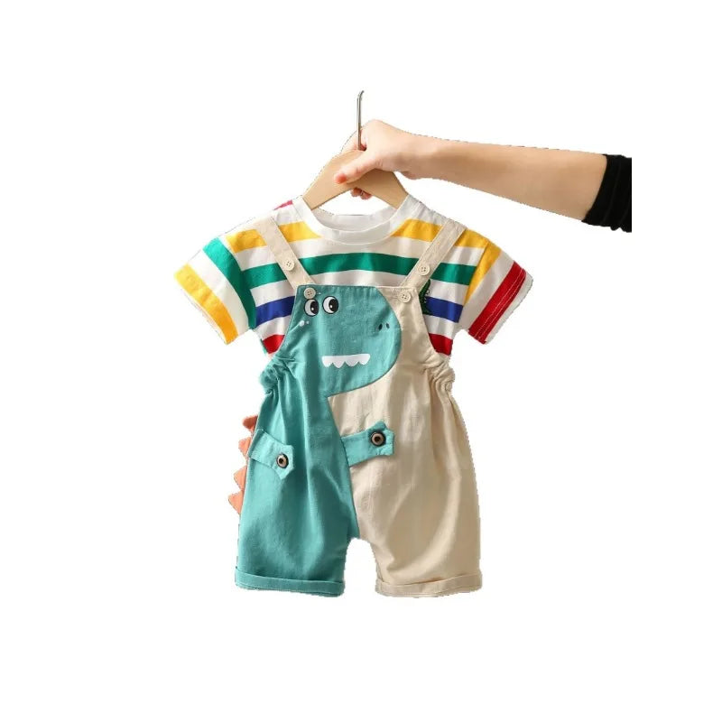 Summer Baby Boys Solid Color Short Sleeve Tracksuits Rainbow Striped Thin Tees Suits Dinosaur Strappy Shorts Little Girl Outfits