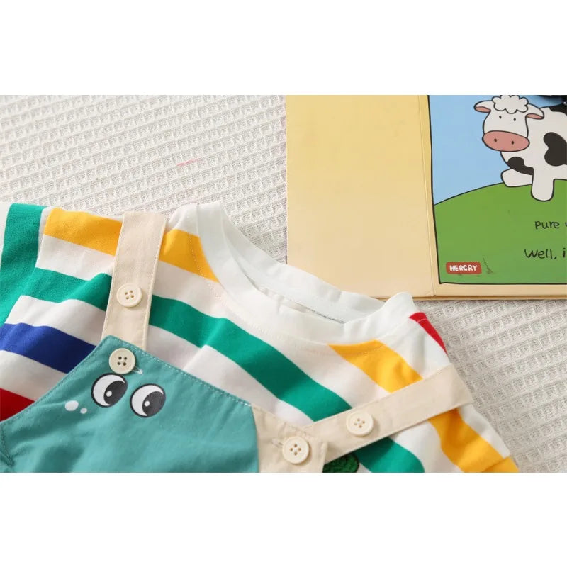 Summer Baby Boys Solid Color Short Sleeve Tracksuits Rainbow Striped Thin Tees Suits Dinosaur Strappy Shorts Little Girl Outfits